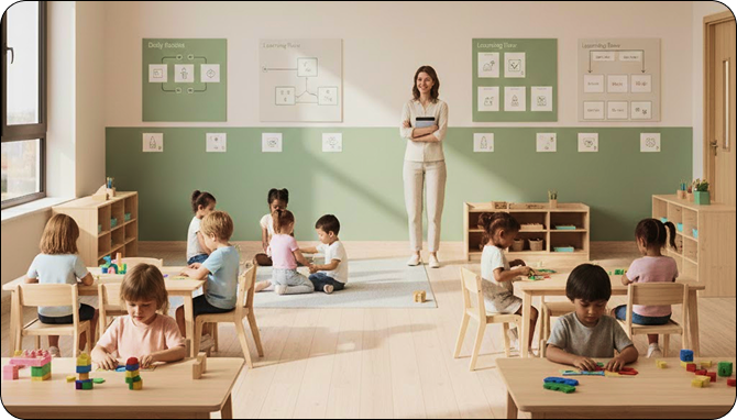 Modern classroom with children learning